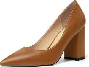 KUOARN Womens Office Formal Pointed Toe Solid Matte Slip On Block High Heel Pumps Shoes 3.3 Inch