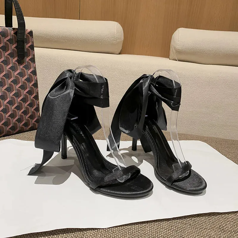 LBSFY  - Women's 8cm Black high heels butterfly strappy sandals for women Silk wedding bridal High heels Luxury White sandal