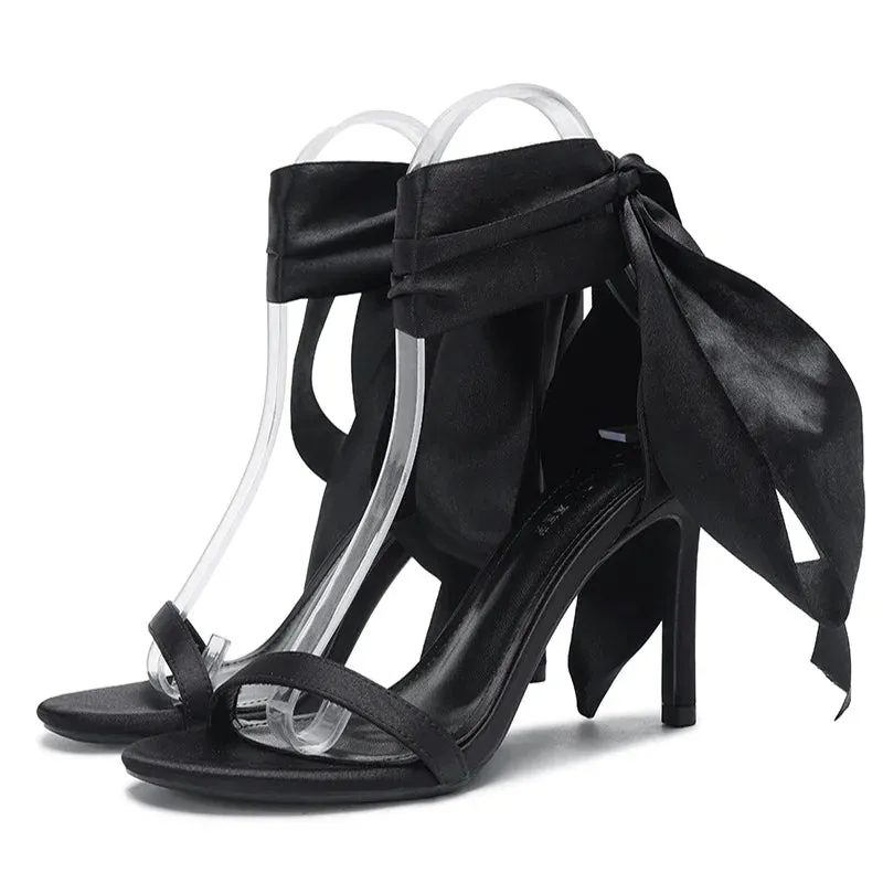 LBSFY  - Women's 8cm Black high heels butterfly strappy sandals for women Silk wedding bridal High heels Luxury White sandal