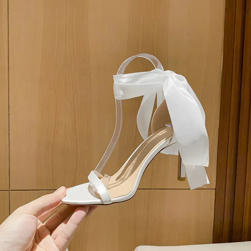 LBSFY  - Women's 8cm Black high heels butterfly strappy sandals for women Silk wedding bridal High heels Luxury White sandal