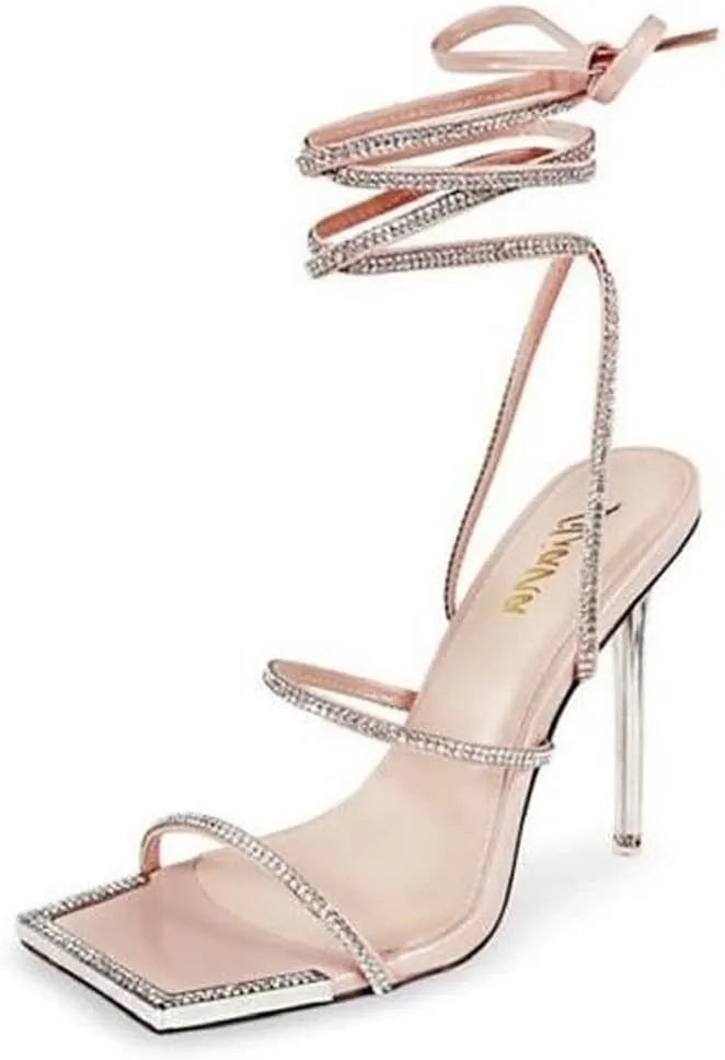 Liliana Women Lace Up Rhinestone High Heel Sandals