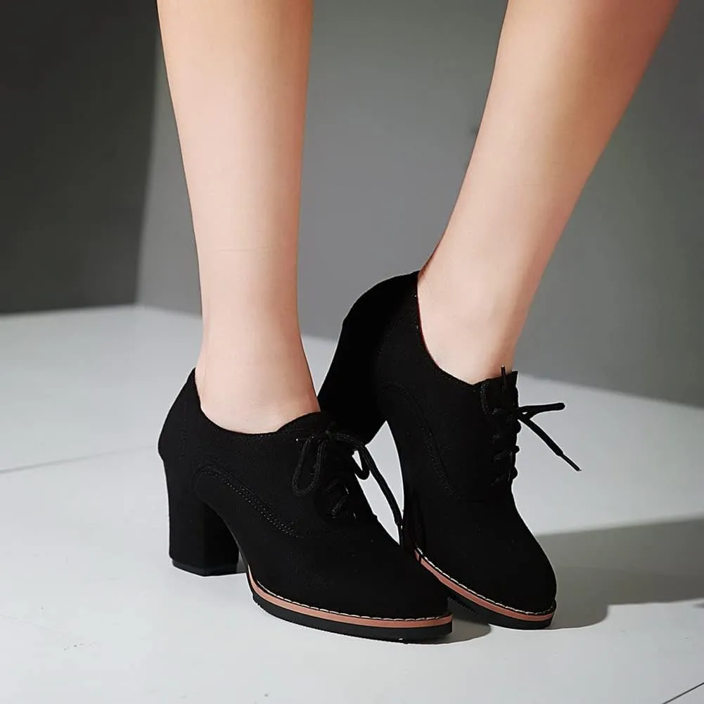 LISYIIZ Womens PS136 Lace Up Platform Round Toe Microsuede Mid Chunky Brogue Pumps
