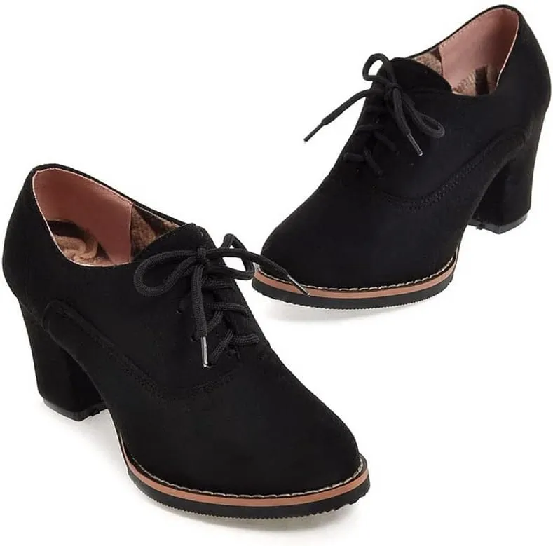 LISYIIZ Womens PS136 Lace Up Platform Round Toe Microsuede Mid Chunky Brogue Pumps