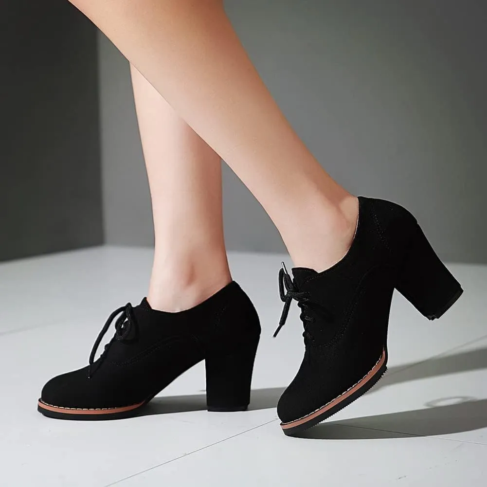 LISYIIZ Womens PS136 Lace Up Platform Round Toe Microsuede Mid Chunky Brogue Pumps