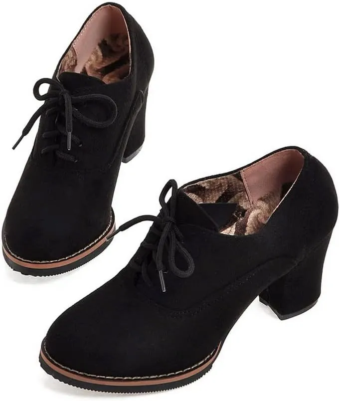 LISYIIZ Womens PS136 Lace Up Platform Round Toe Microsuede Mid Chunky Brogue Pumps