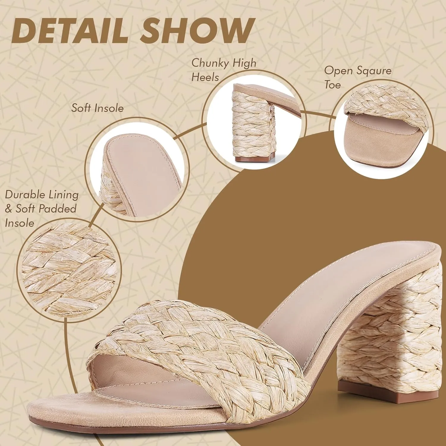 Lyrisiphy Women's Heeled Sandals Sqaure Open Toe Chunky High Heels Slip-on Slides Sandals Summer Outdoor Beach Espardrills for Women