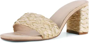 Lyrisiphy Women's Heeled Sandals Sqaure Open Toe Chunky High Heels Slip-on Slides Sandals Summer Outdoor Beach Espardrills for Women