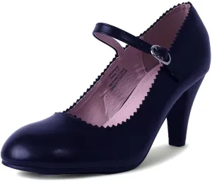 Mary Jane Kitten Heels, Vintage Retro Scallop Round Toe Shoe With An Adjustable Strap, 7.5 B(M) US, Black PU