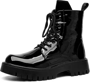 Men'S Black Patent Leather Platform Combat Boots Fashion Side Zipper Wide Toe Lace Up Chunky Lug Sole High Top Motorcycle Boots Comfort Waterproof Non-Slip Casual Ankle Booties