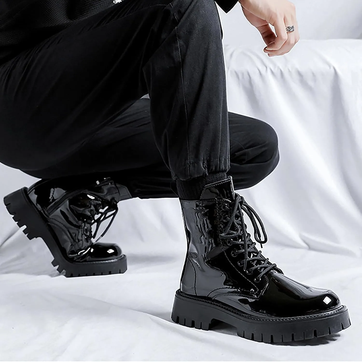 Men'S Black Patent Leather Platform Combat Boots Fashion Side Zipper Wide Toe Lace Up Chunky Lug Sole High Top Motorcycle Boots Comfort Waterproof Non-Slip Casual Ankle Booties
