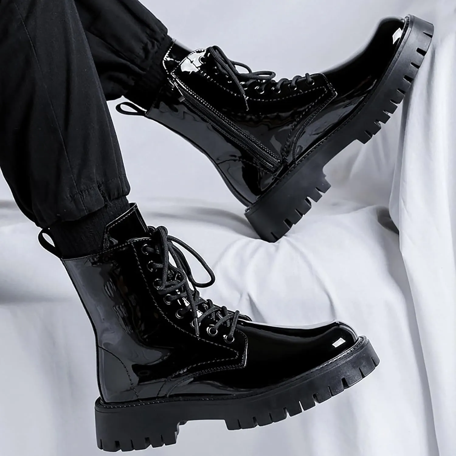 Men'S Black Patent Leather Platform Combat Boots Fashion Side Zipper Wide Toe Lace Up Chunky Lug Sole High Top Motorcycle Boots Comfort Waterproof Non-Slip Casual Ankle Booties