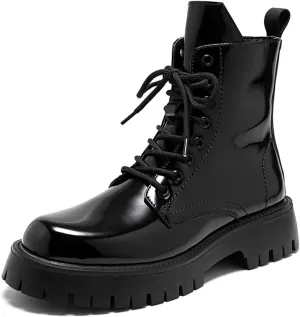 Men's Chukka Boots Fashion Black Patent Leather Platform Lug Sole Ankle Boots Lace Up Combat Boots Dress Boots For Men