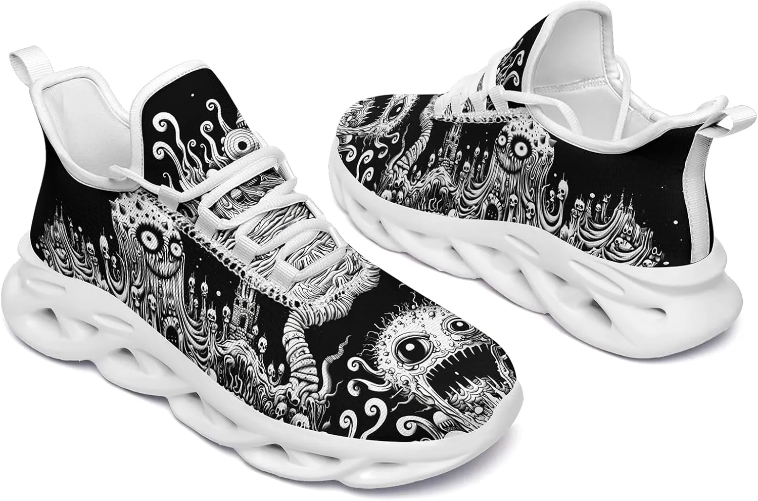 Men's Skull Gothic Running Shoes Lightweight Breathable Sport Shoes for Women Cushion Slip On Walking Sneaker