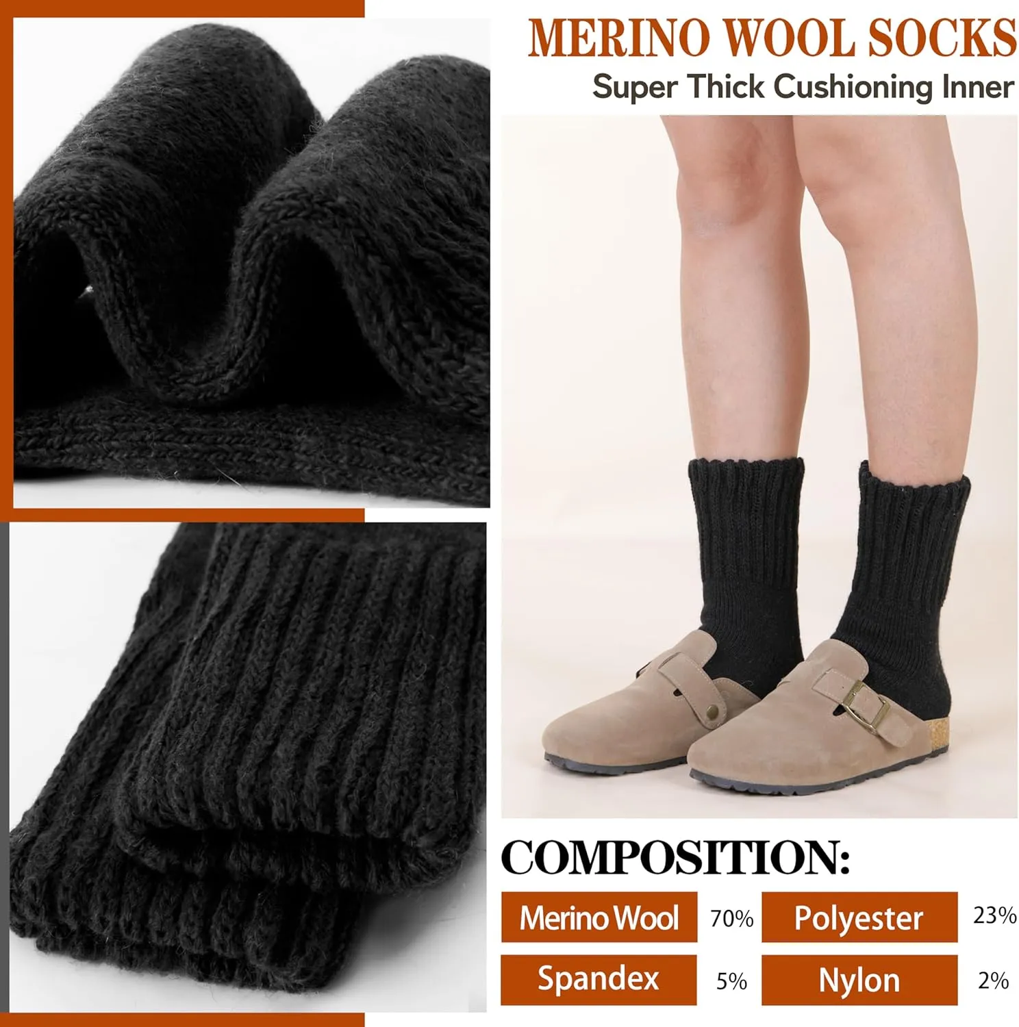 Merino Wool Boot Socks Thermal Winter Warm Thick Cozy Hiking Socks for Men Women 3 Pairs