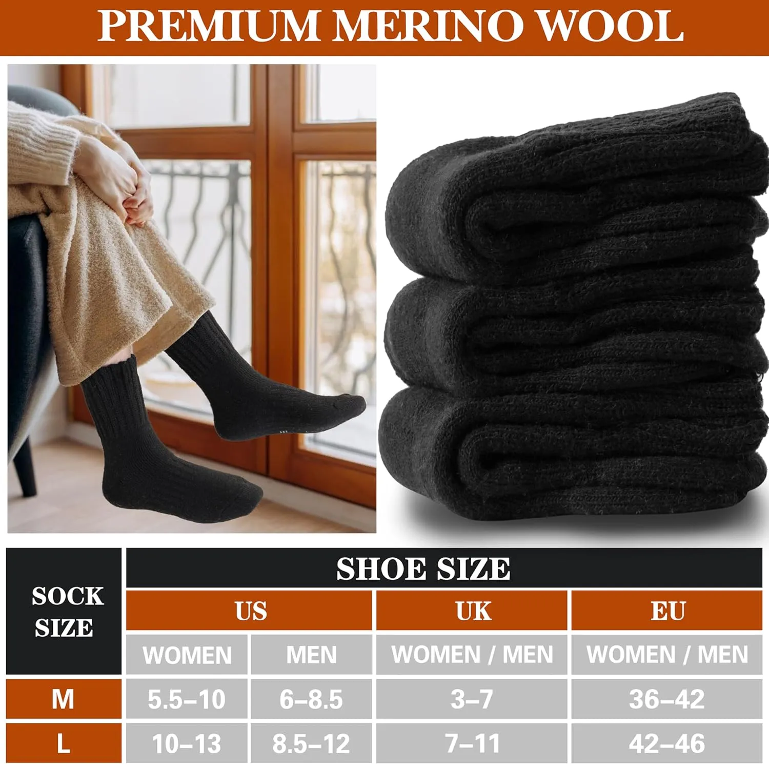 Merino Wool Boot Socks Thermal Winter Warm Thick Cozy Hiking Socks for Men Women 3 Pairs