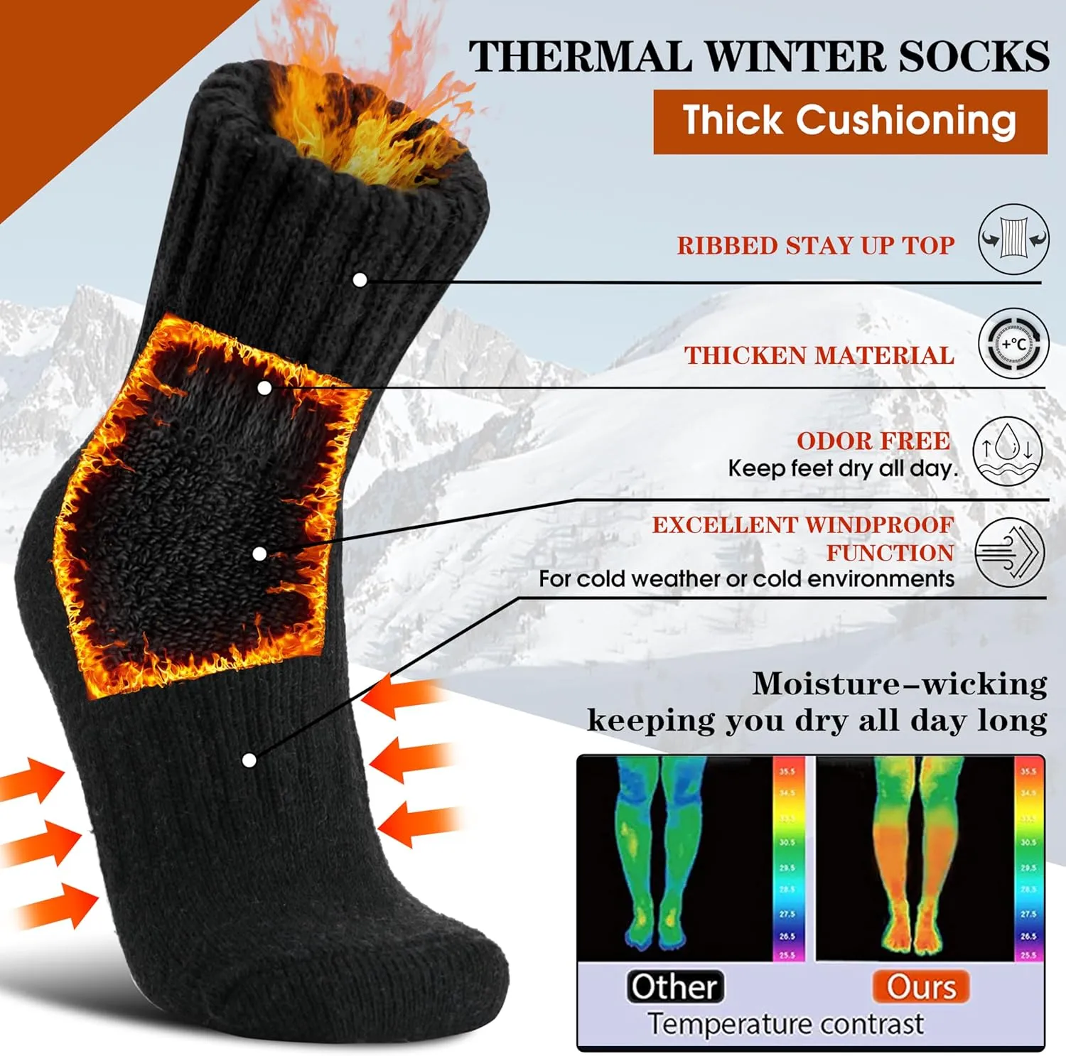 Merino Wool Boot Socks Thermal Winter Warm Thick Cozy Hiking Socks for Men Women 3 Pairs
