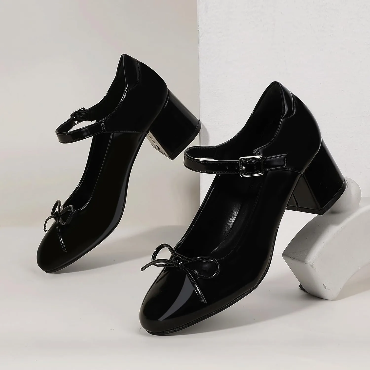 Mofri ShowHow Women's Mary Jane Shoes Women's Chunky Low Block Heels Mary Jane Round Closed Toe Pumps Wedding Office Dancing Dress Shoes