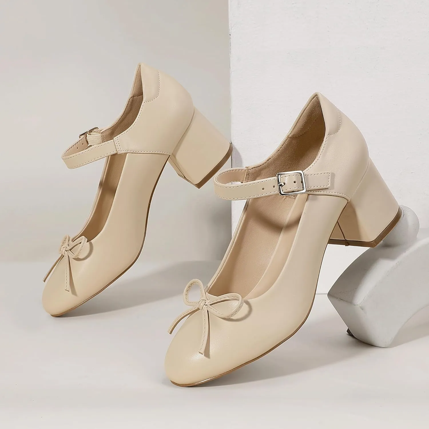Mofri ShowHow Women's Mary Jane Shoes Women's Chunky Low Block Heels Mary Jane Round Closed Toe Pumps Wedding Office Dancing Dress Shoes