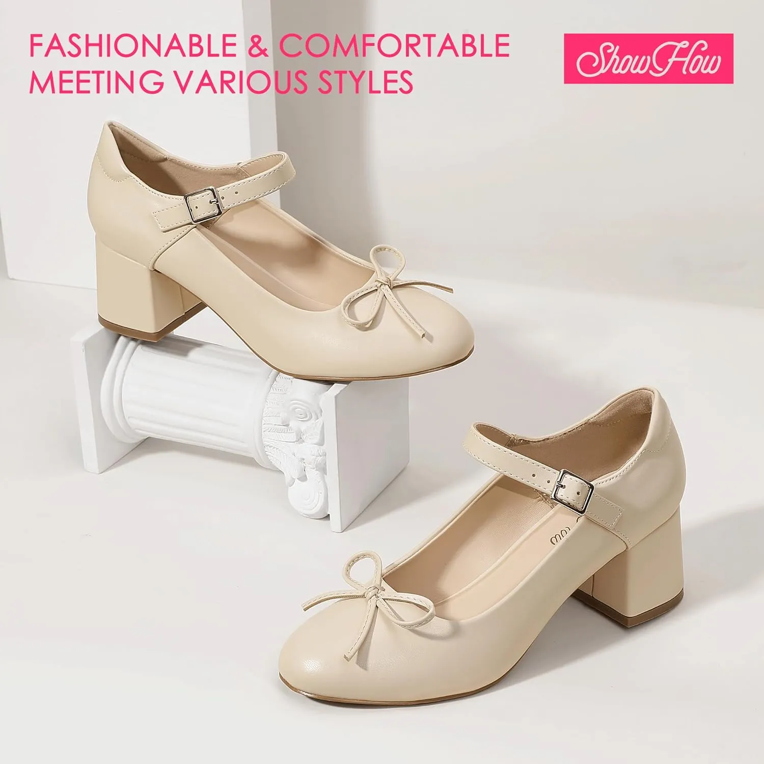 Mofri ShowHow Women's Mary Jane Shoes Women's Chunky Low Block Heels Mary Jane Round Closed Toe Pumps Wedding Office Dancing Dress Shoes