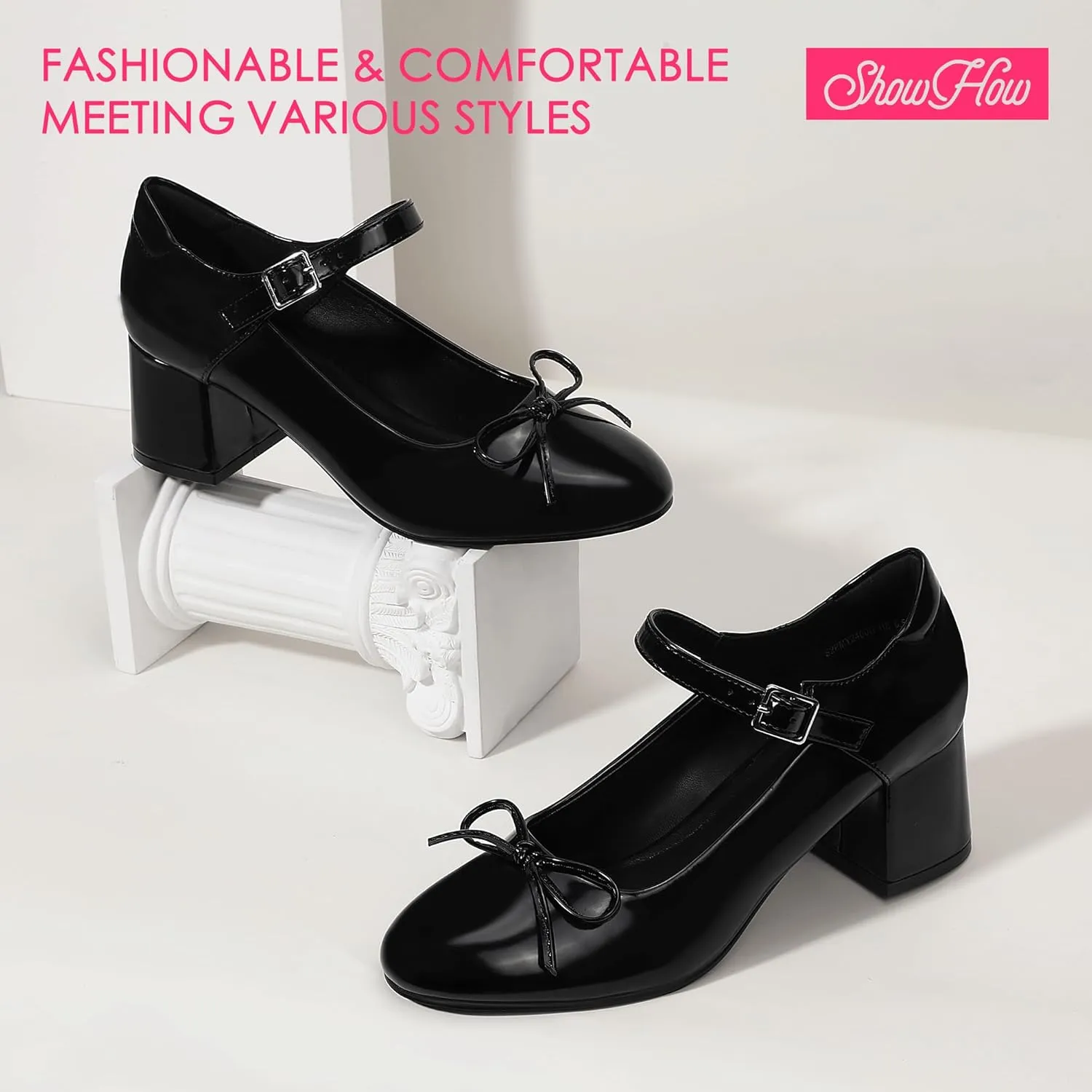 Mofri ShowHow Women's Mary Jane Shoes Women's Chunky Low Block Heels Mary Jane Round Closed Toe Pumps Wedding Office Dancing Dress Shoes