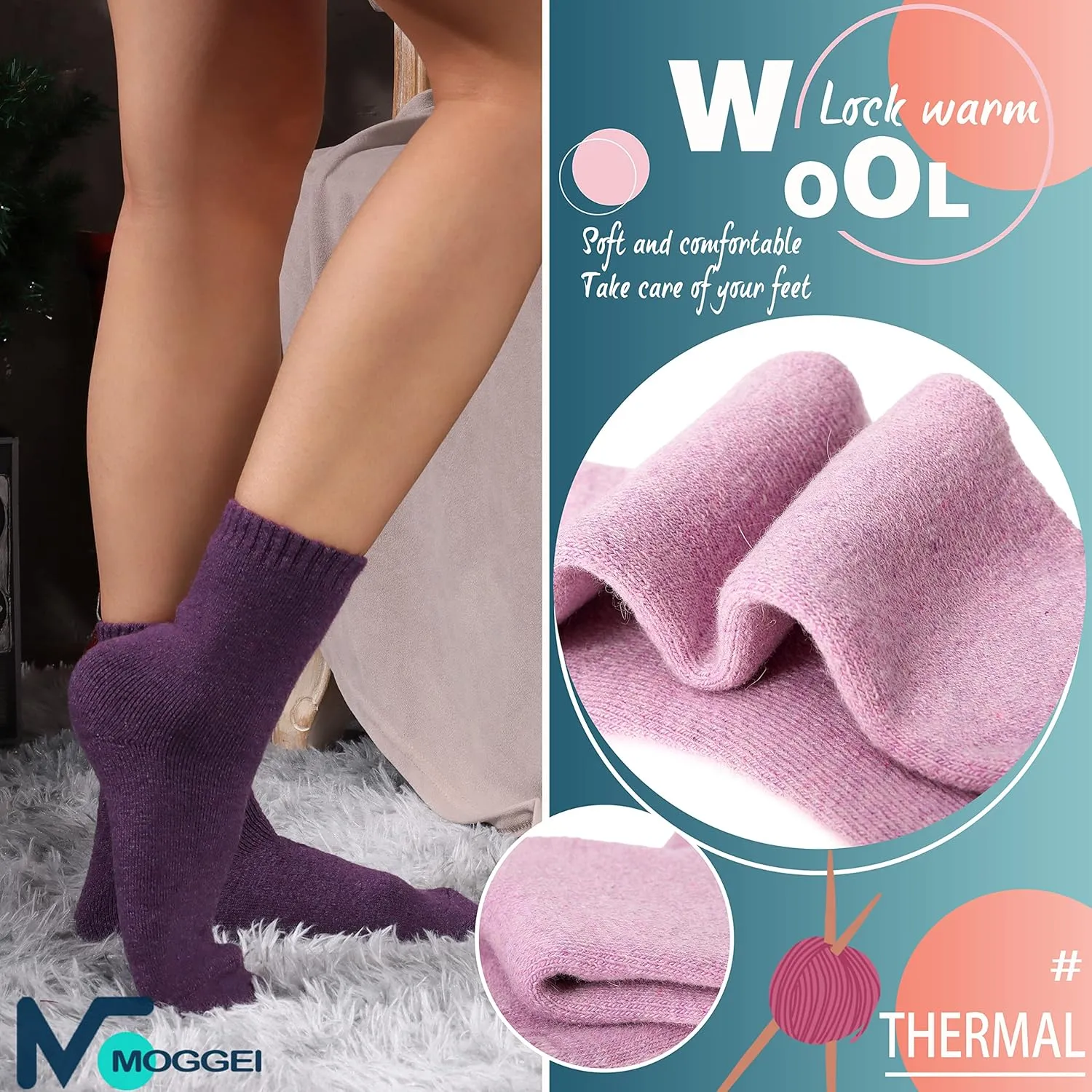 MOGGEI 5 Pairs Womens Merino Wool Socks Hiking Warm Winter Thick Thermal Crew Cozy Cabin Ladies Gift Comfy Boot Work Socks
