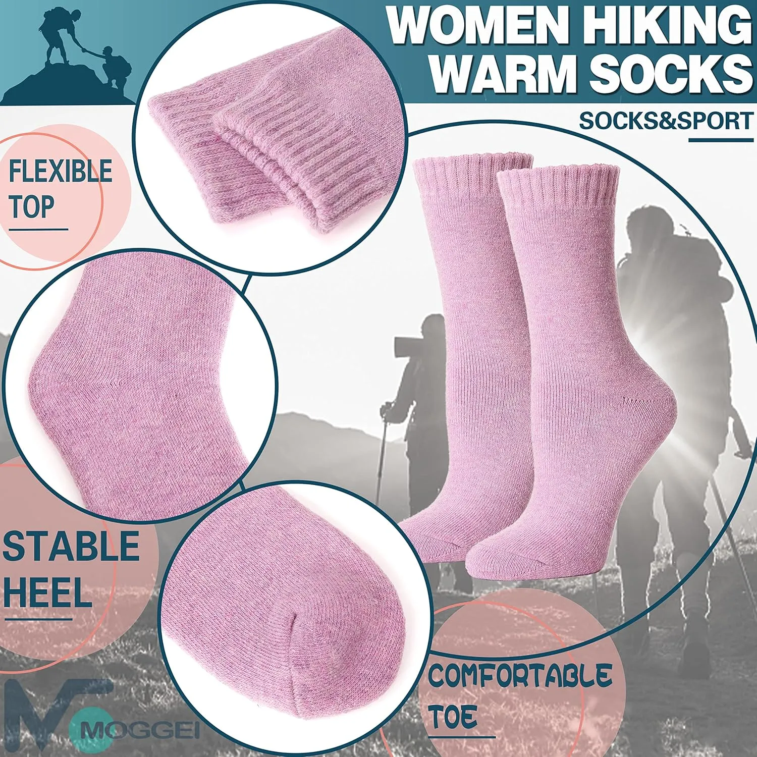 MOGGEI 5 Pairs Womens Merino Wool Socks Hiking Warm Winter Thick Thermal Crew Cozy Cabin Ladies Gift Comfy Boot Work Socks