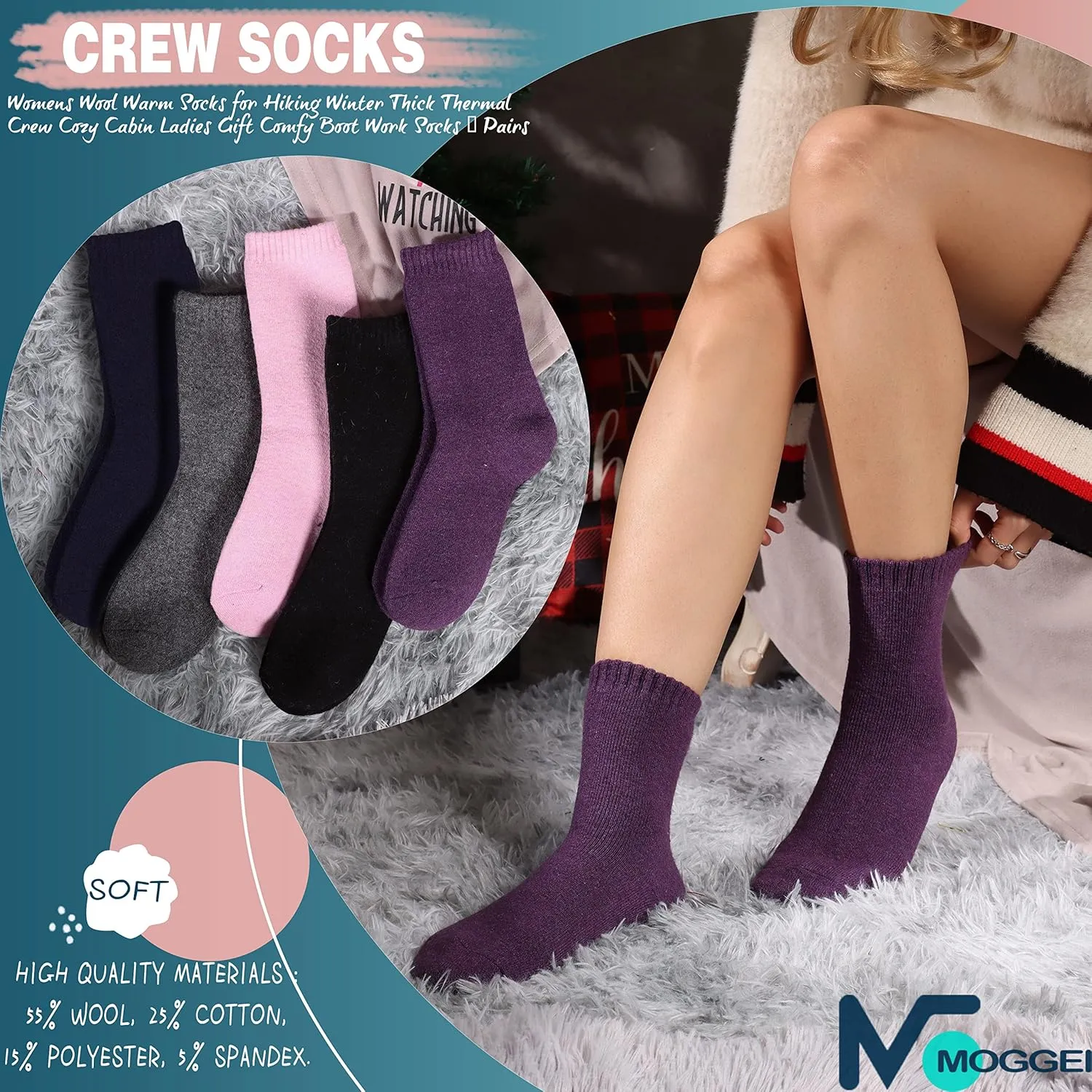 MOGGEI 5 Pairs Womens Merino Wool Socks Hiking Warm Winter Thick Thermal Crew Cozy Cabin Ladies Gift Comfy Boot Work Socks