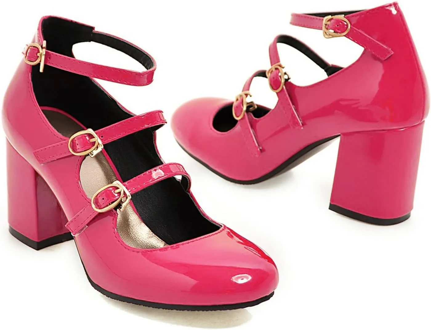 MOOMMO High Chunky Heel Mary Janes for Women Round Closed Toe Patent Leather Mary Jane Pumps Triple Ankle Strap Sexy 3” Block Heels Dress Shoes Sandals Sexy Party Wedding Cute 4-10 M US