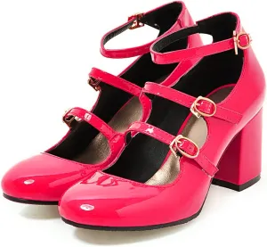 MOOMMO High Chunky Heel Mary Janes for Women Round Closed Toe Patent Leather Mary Jane Pumps Triple Ankle Strap Sexy 3” Block Heels Dress Shoes Sandals Sexy Party Wedding Cute 4-10 M US
