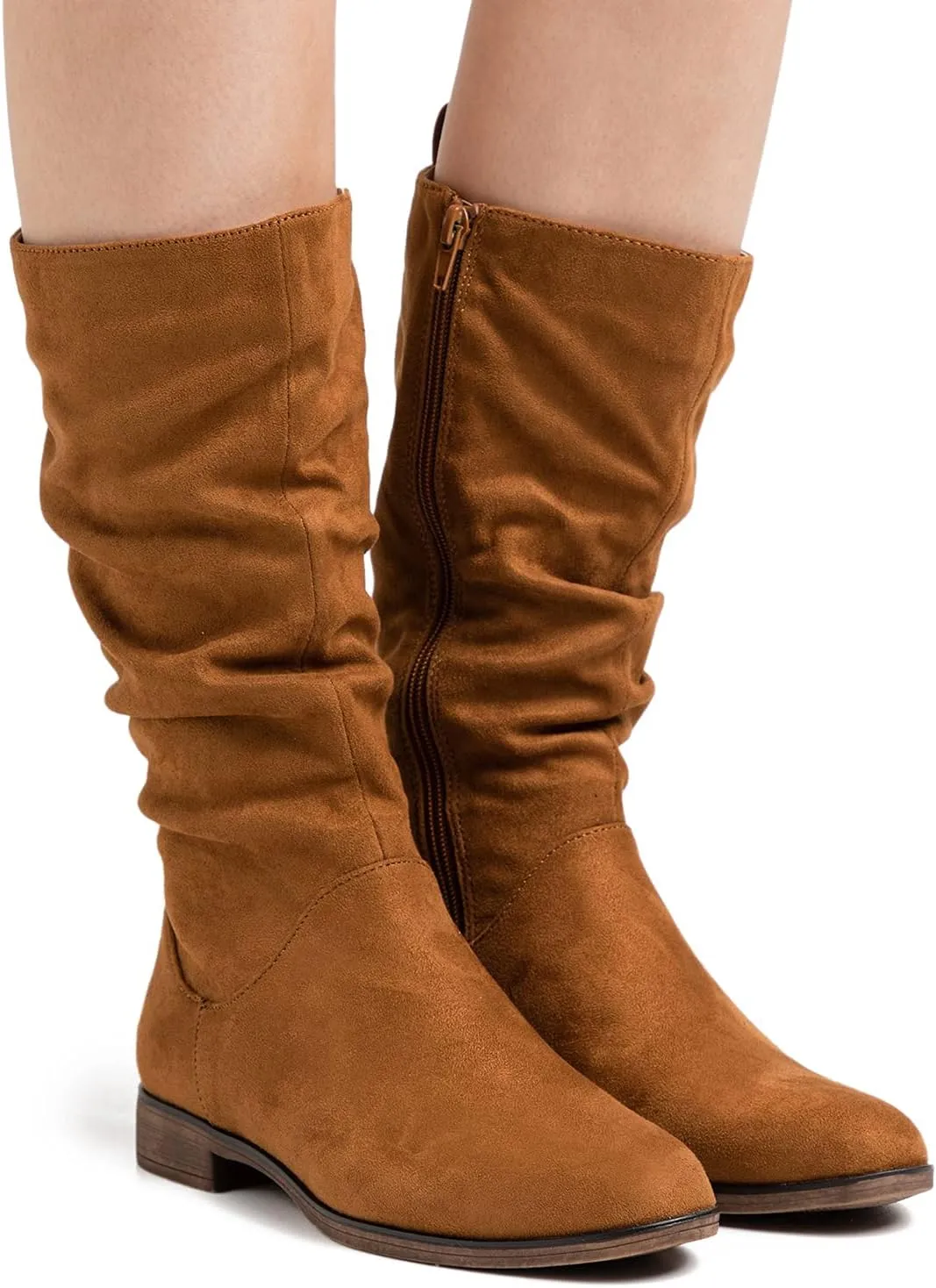 MOOMMO Women Mid Calf Slouch Boots Suede Calf High Boots Flats Flat Heel Long Boots Wide Calf Side Zipper Winter Boots Round Toe Flat Boots Retro Cute Casual Comfy Winter 4-13 M US
