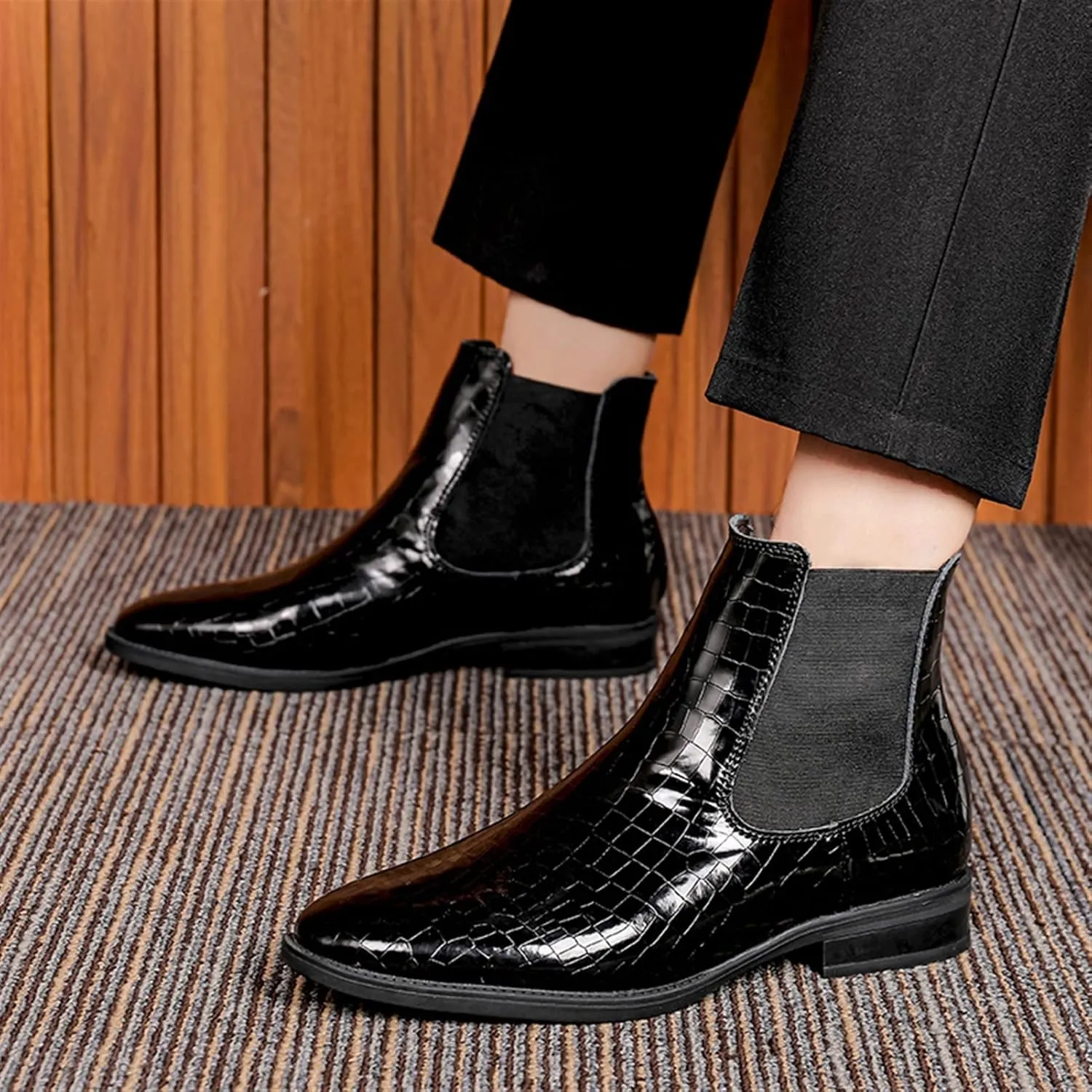 New Chelsea Boots For Men Crocodile Print Elastic Bandage Cowhide Leather Slip On Waterproof Non Anti-slip Work Classic Slip On