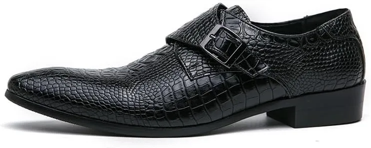 New Dress Shoes for Men Slip On Pointed Burnished Toe Faux Leather Crocodile Print Monk Strap Low Top Rubber Sole Block Heel Working