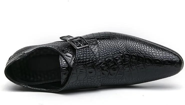 New Dress Shoes for Men Slip On Pointed Burnished Toe Faux Leather Crocodile Print Monk Strap Low Top Rubber Sole Block Heel Working