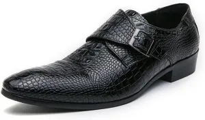 New Dress Shoes for Men Slip On Pointed Burnished Toe Faux Leather Crocodile Print Monk Strap Low Top Rubber Sole Block Heel Working