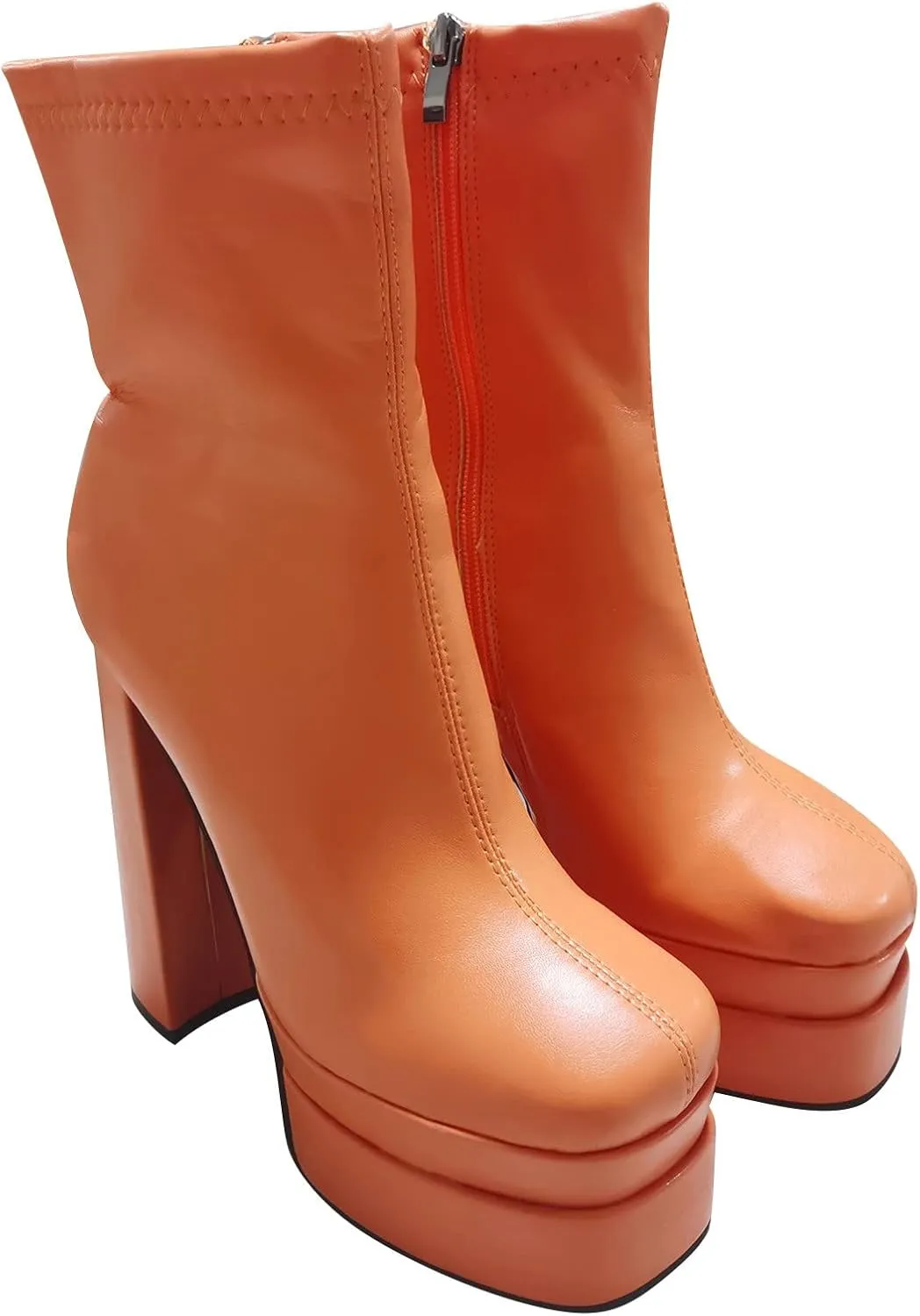 oiangi Platform Boots for Women Chunky Heel Ankle Booties Fashion Square Toe Double Platform Zipper Block High Heel Boots Winter Solid Casual Shoes