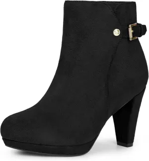 Perphy Low Platform Boots Round Toe Buckle Chunky Heel Ankle Booties for Women