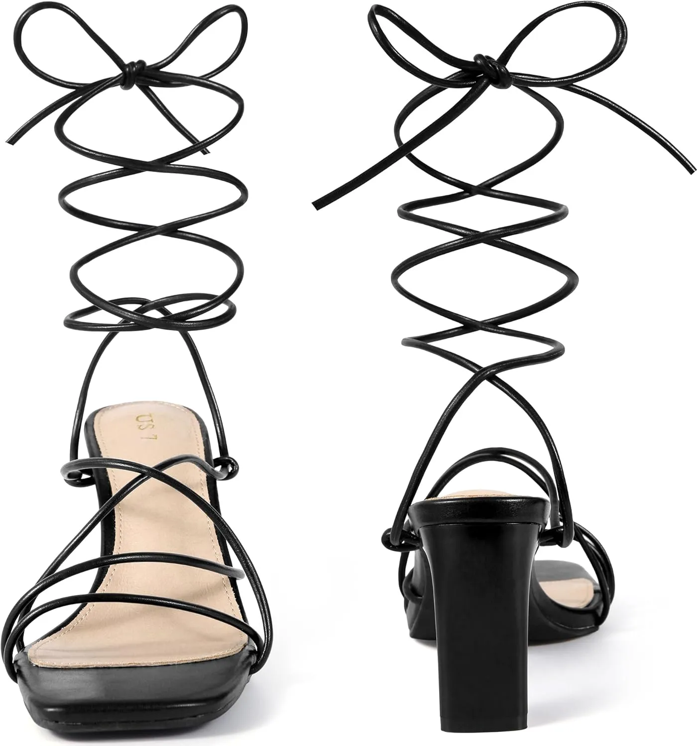 Perphy Women's Chunky Heel Wrap Up Strappy Heel Sandals with Square Toe