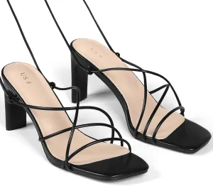 Perphy Women's Chunky Heel Wrap Up Strappy Heel Sandals with Square Toe