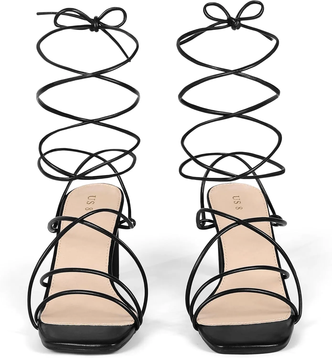 Perphy Women's Chunky Heel Wrap Up Strappy Heel Sandals with Square Toe