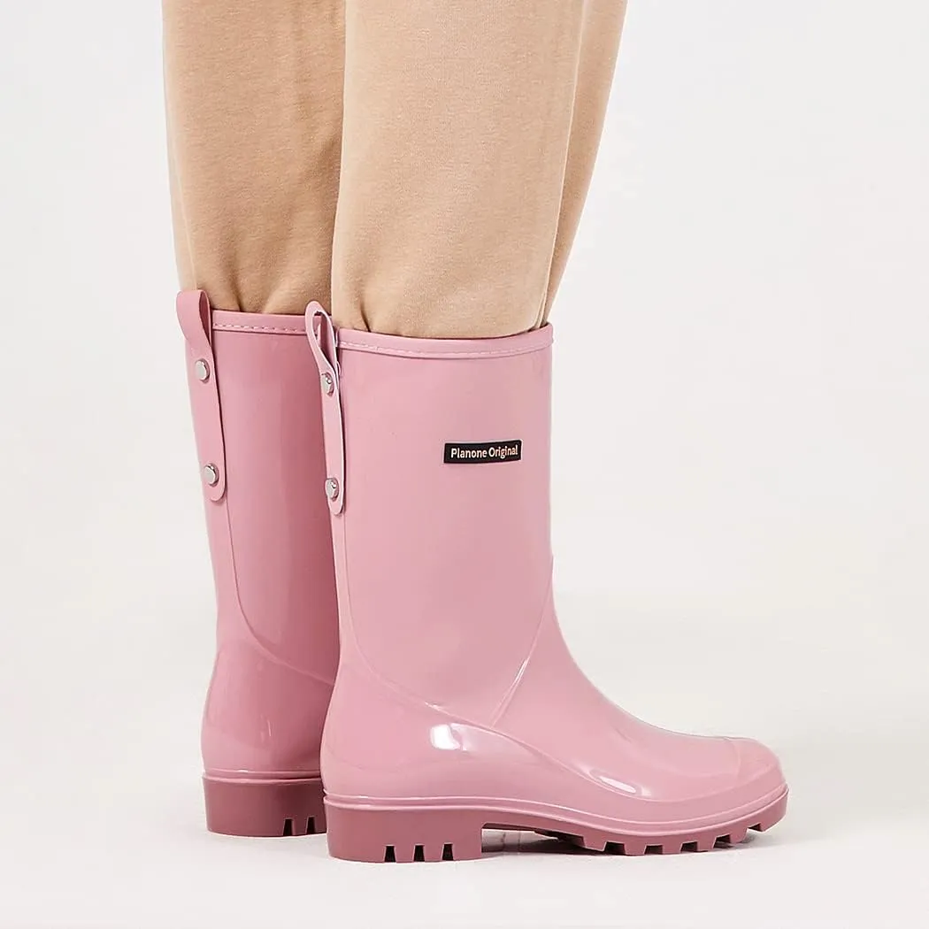 planone Mid Calf Waterproof Rain Boots For Women Anti-Slipping Garden Shoes Comfortable Insoles Stylish Light Rain Shoes Outdoor Work Shoes