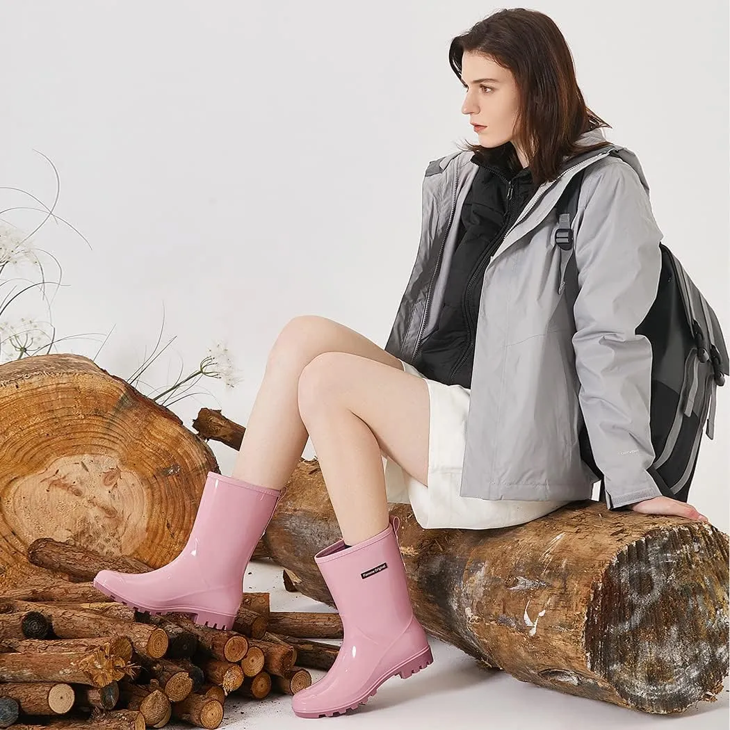 planone Mid Calf Waterproof Rain Boots For Women Anti-Slipping Garden Shoes Comfortable Insoles Stylish Light Rain Shoes Outdoor Work Shoes