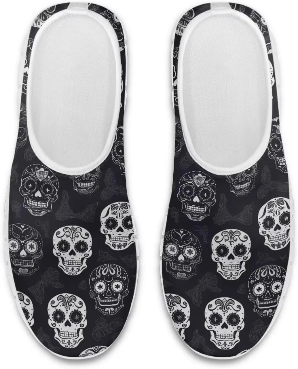 Rose Skull Print Women's Loafers Slip On Slip Shoe Casual Walking Shoes Non Slip Work Shoes Mesh Athletic Sneakers
