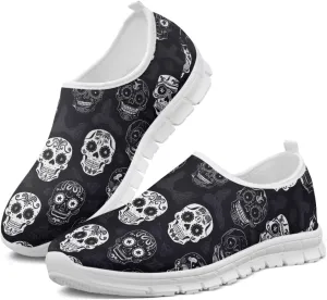 Rose Skull Print Women's Loafers Slip On Slip Shoe Casual Walking Shoes Non Slip Work Shoes Mesh Athletic Sneakers