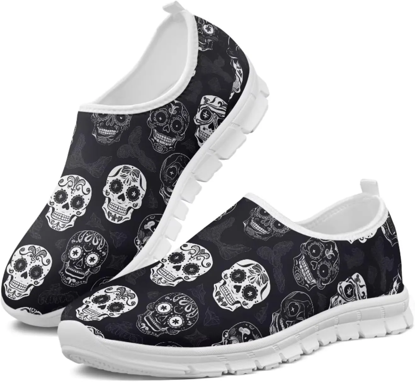 Rose Skull Print Women's Loafers Slip On Slip Shoe Casual Walking Shoes Non Slip Work Shoes Mesh Athletic Sneakers
