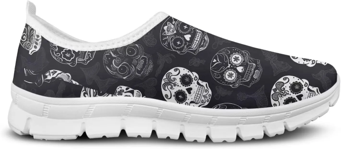 Rose Skull Print Women's Loafers Slip On Slip Shoe Casual Walking Shoes Non Slip Work Shoes Mesh Athletic Sneakers