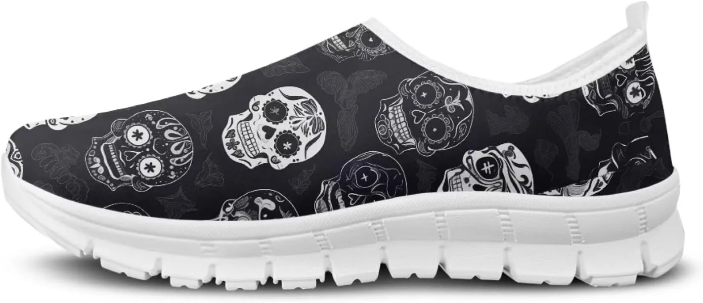 Rose Skull Print Women's Loafers Slip On Slip Shoe Casual Walking Shoes Non Slip Work Shoes Mesh Athletic Sneakers