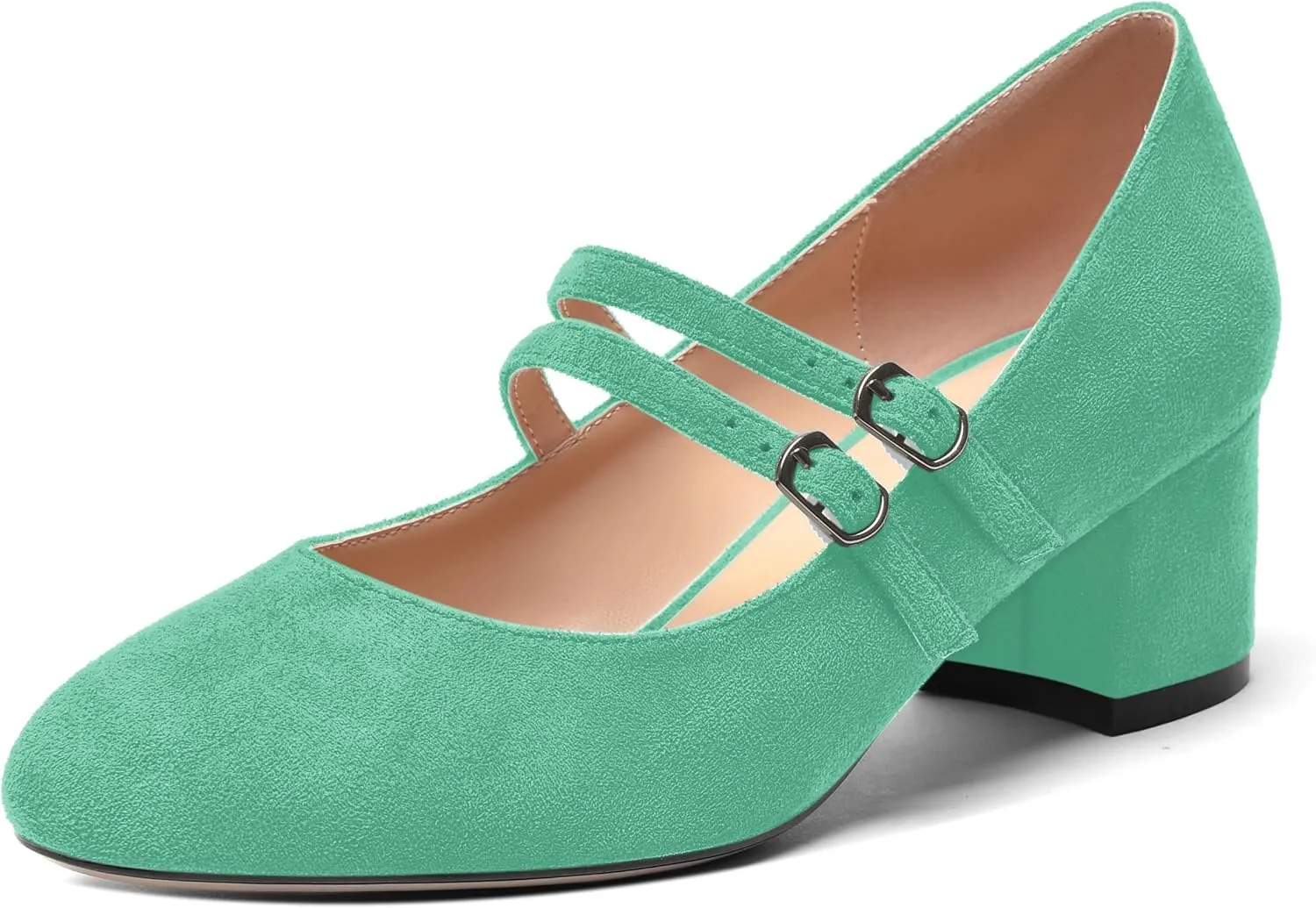 ROSERWISH Womens Comfortable Cute Round Toe Two Straps Party Suede Chunky Low Heel Pumps Dress Shoes 2 Inch