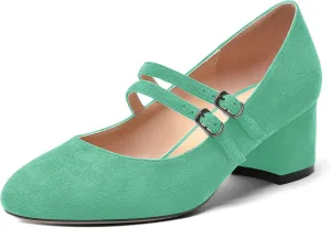 ROSERWISH Womens Comfortable Cute Round Toe Two Straps Party Suede Chunky Low Heel Pumps Dress Shoes 2 Inch