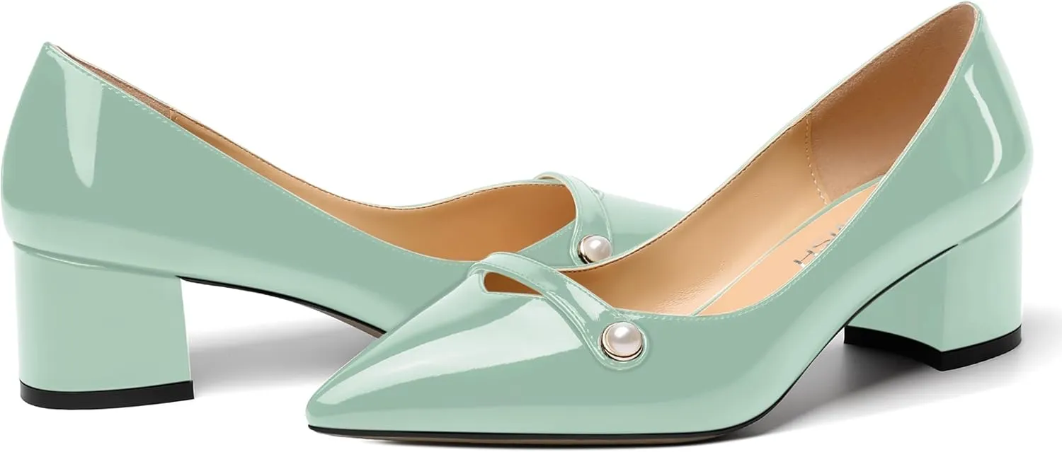 ROSERWISH Womens Party Dress Slip On Patent Pointed Toe Chunky Low Heel Pumps Shoes 2 Inch