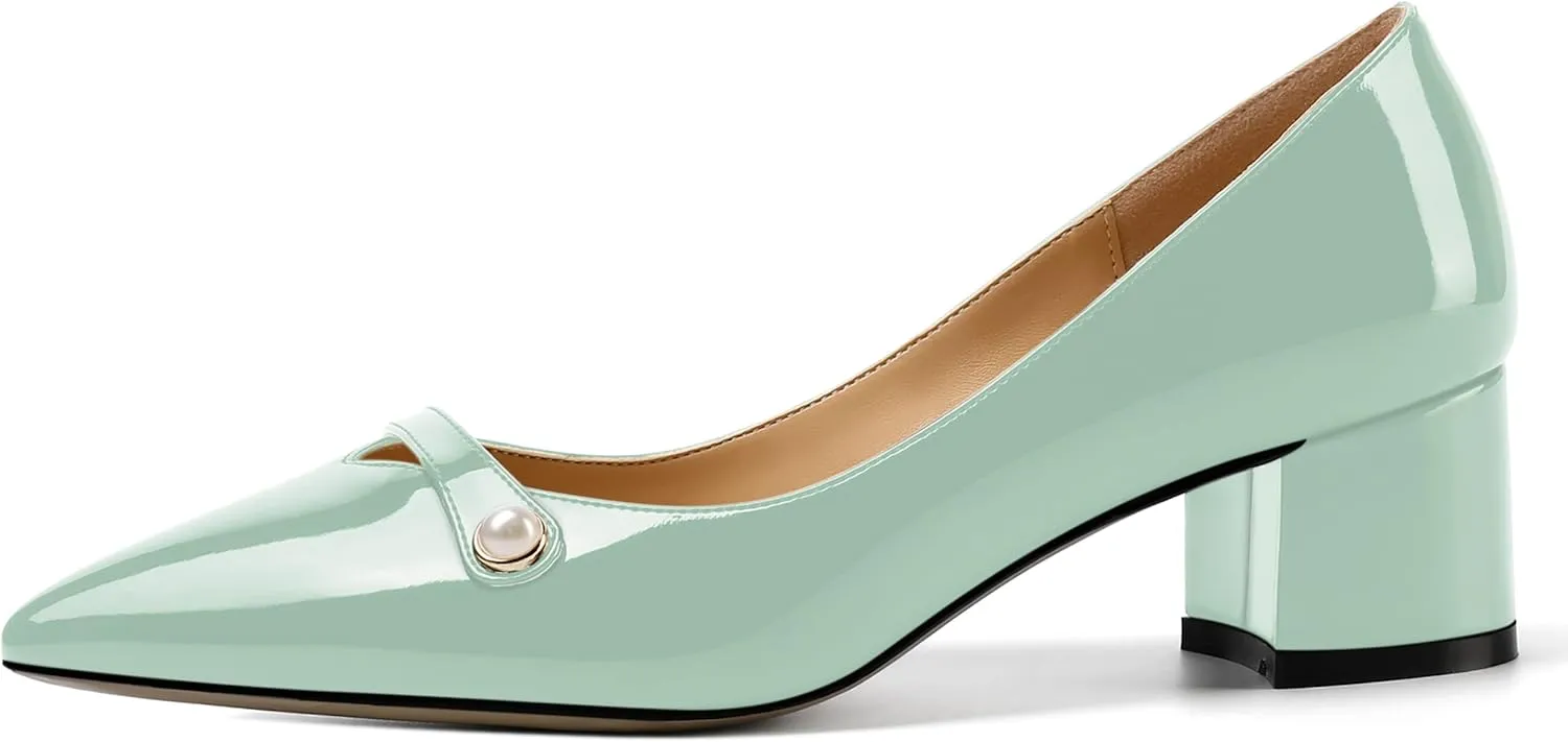 ROSERWISH Womens Party Dress Slip On Patent Pointed Toe Chunky Low Heel Pumps Shoes 2 Inch
